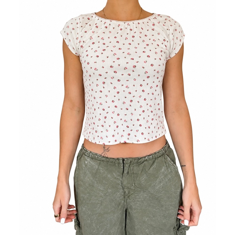 Pink and Green Floral Ribbed Baby Tee